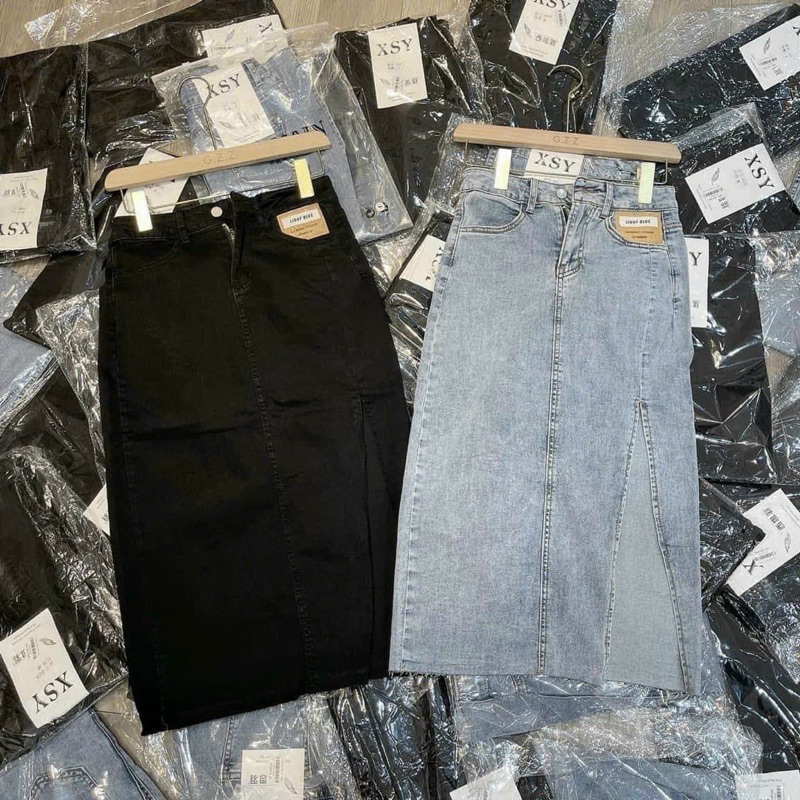 Chân váy jen bò dài xẻ tà cạp cao