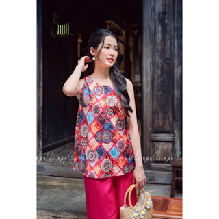 Áo yếm nữ Cẩm Ngọc lụa latin hồng thổ cẩm dáng rộng thoáng mát mịn đi chơi đi du lịch đi biển Nhà Lụa