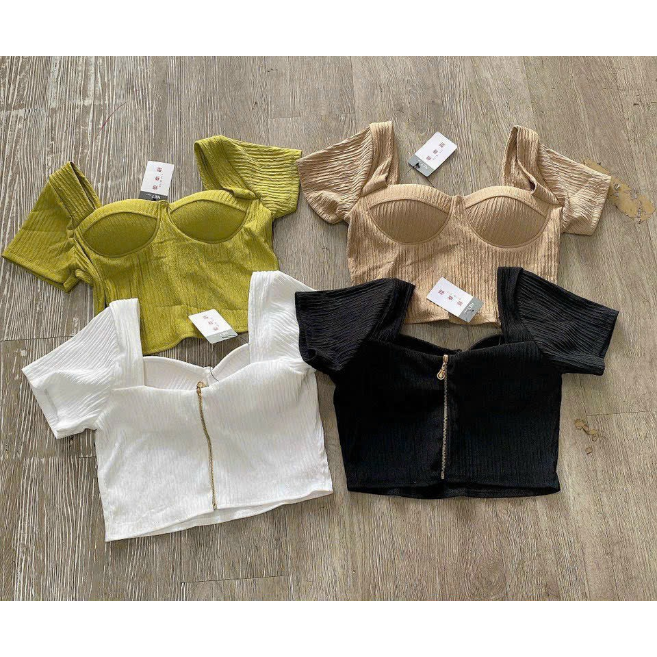 Áo thun xốp cao cấp croptop nữ tay ngắn có dây kéo lưng, có mút ngực, cổ vuông ôm body, croptop cổ vuông ngắn tay trơn 7