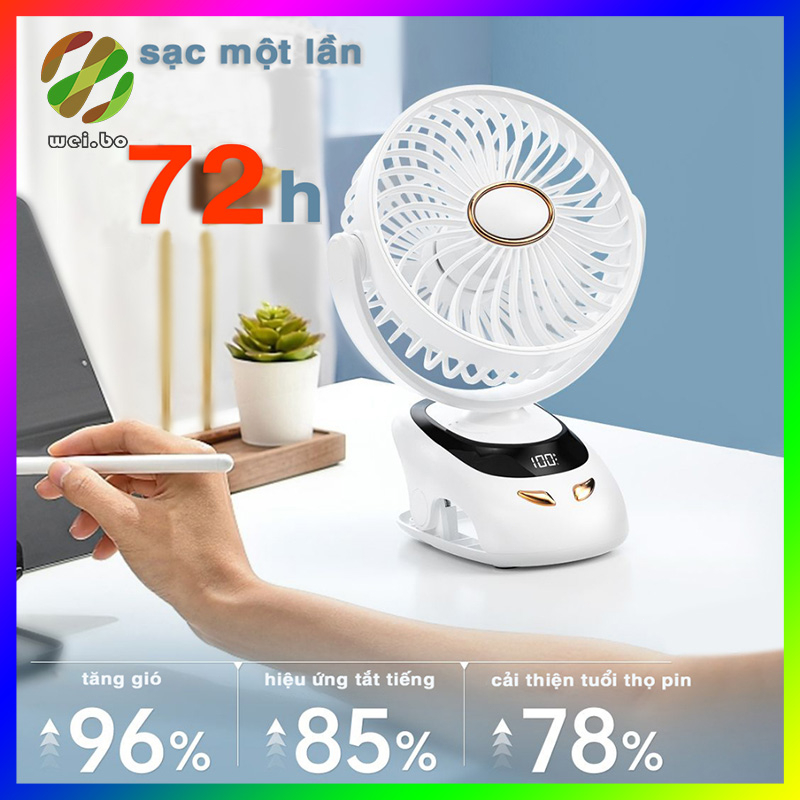 Quạt Mini Xoay tự động 30000mAh, Quạt kẹp bàn Tích Điện Pin 10000/15000 mAh -Với đèn LED USB Phụ Kiện