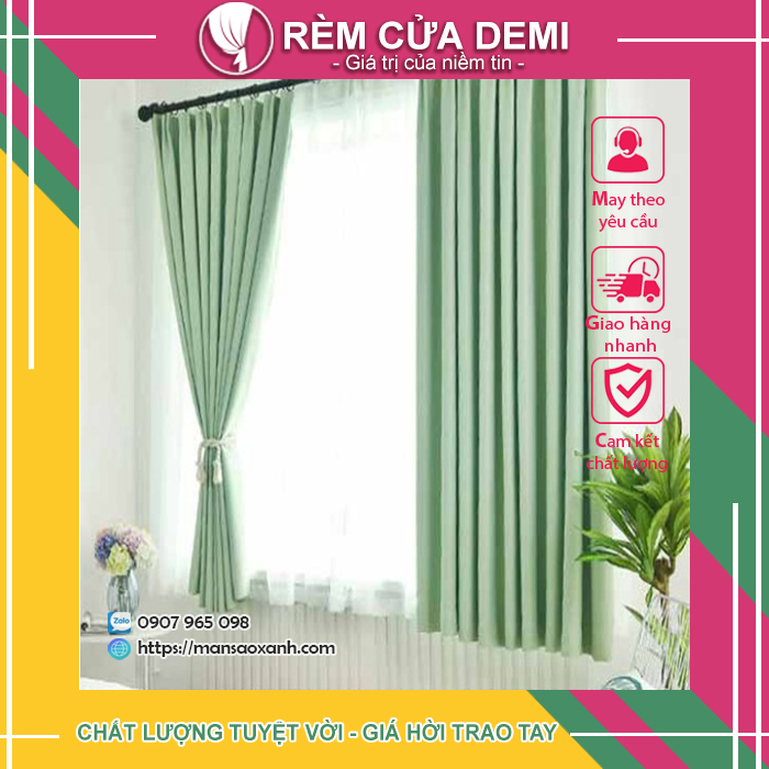 Rèm phòng, rèm cửa sổ * VẢI BỐ - BỐ NHUNG*- Màu xanh mint. Ghi chú: Chọn mã họa tiết, số đo theo yêu cầu.
