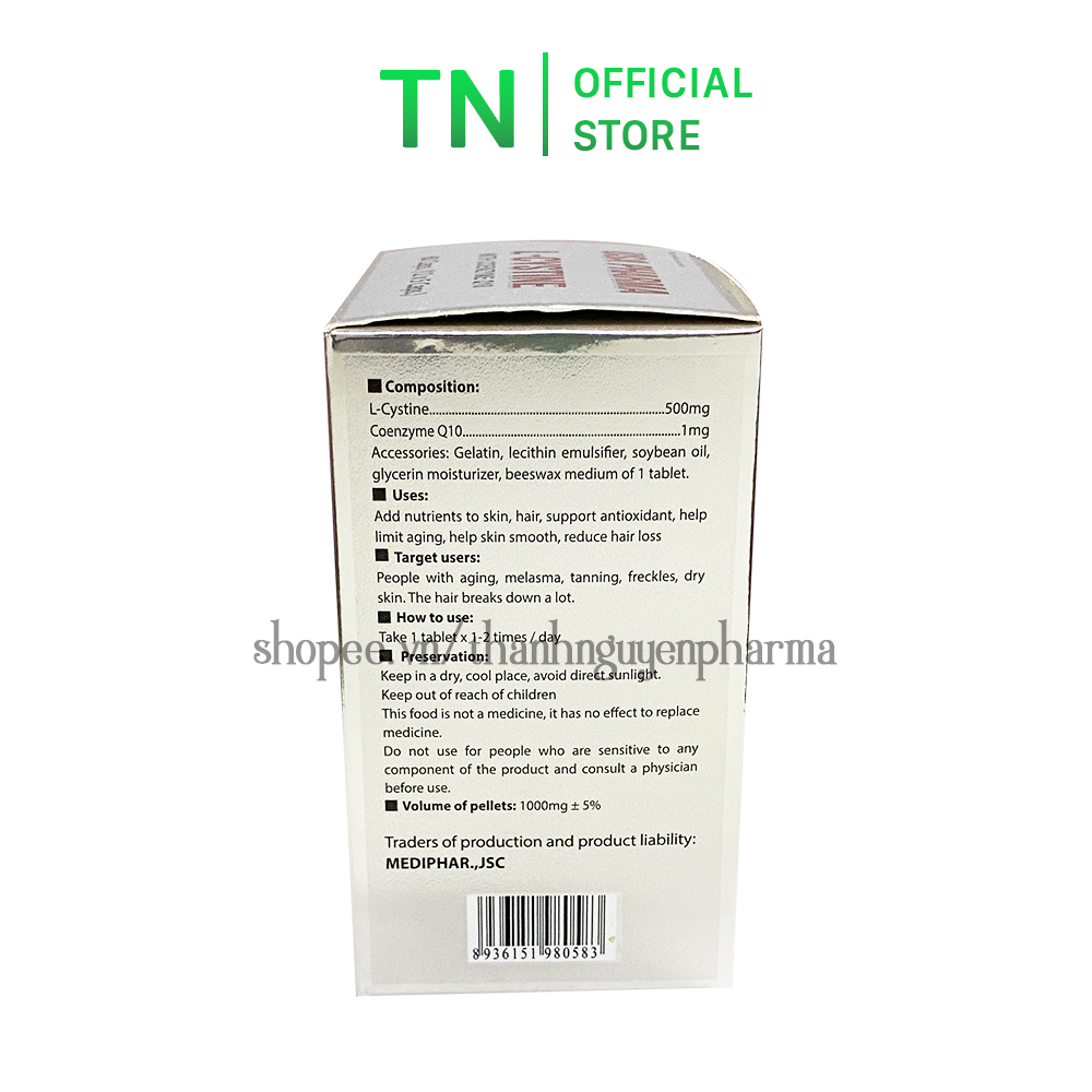 Viên uống L Cystine 500mg Coenzyme Q10 giúp da sáng mịn, giảm rụng tóc - Hộp 60 viên