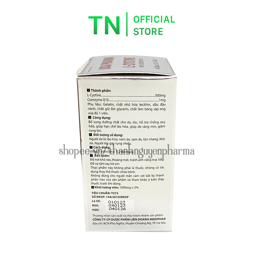 Viên uống L Cystine 500mg Coenzyme Q10 giúp da sáng mịn, giảm rụng tóc - Hộp 60 viên