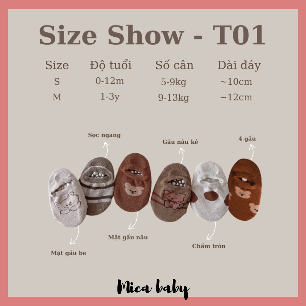 Tất lười chống trượt Mica baby, vớ cổ ngắn họa tiết hoạt hình đáng yêu mềm mại kiểu dáng Hàn Quốc cho bé T01
