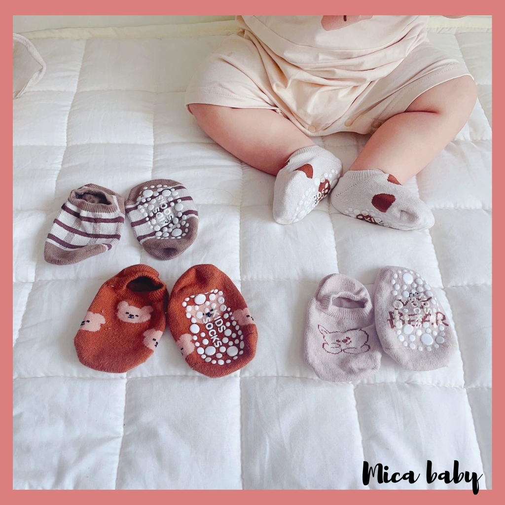 Tất lười chống trượt Mica baby, vớ cổ ngắn họa tiết hoạt hình đáng yêu mềm mại kiểu dáng Hàn Quốc cho bé T01