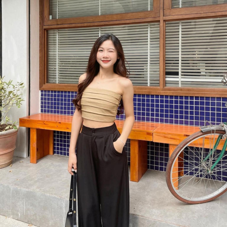 Áo quây nữ xếp ly ngực chun lưng phối 2 dây yếm