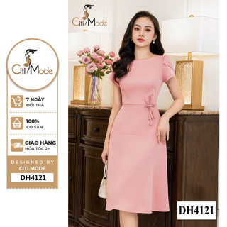 Đầm công sở CITI MODE FASHION thiết kế  xoè hồng cổ thuyền phối nơ eo DH4121