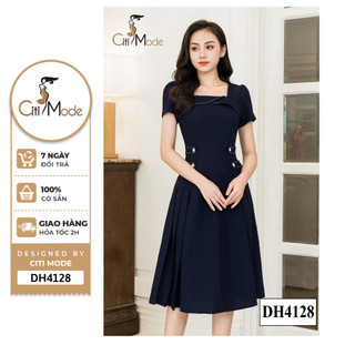 Đầm công sở CITI MODE FASHION thiết kế xoè tím than cổ vuông phối chân váy cách điệu DH4128