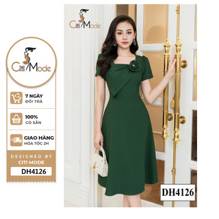 Đầm công sở CITI MODE FASHION thiết kế xoè xanh cổ vuông đính hoa DH4126