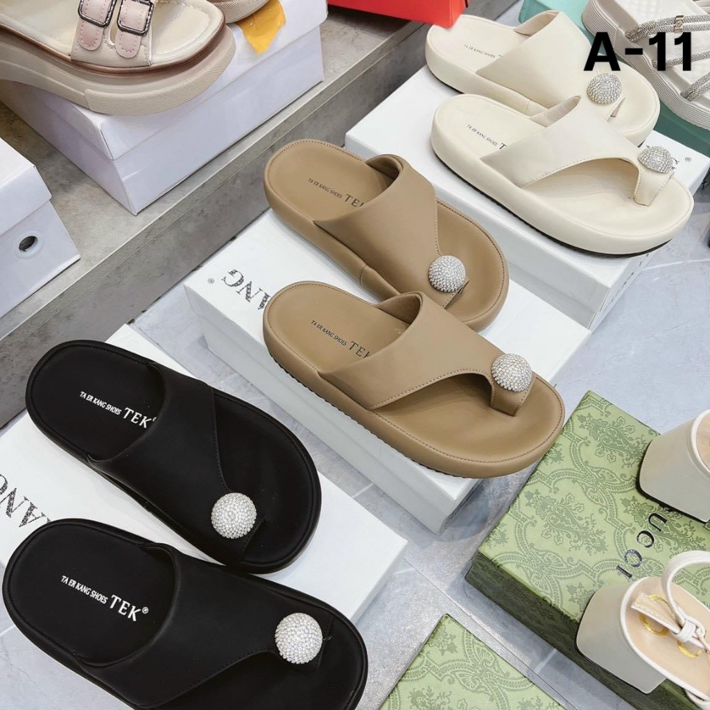 Mã A11 Ảnh thật Dép nữ xỏ ngón đính đá da mềm đế bánh mỳ cao 3p hàng QC cao cấp fullbox chất đẹp