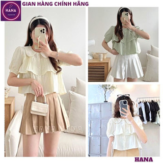 Áo sơ mi kiểu nữ cổ bèo dáng ngắn phong cách hàn quốc, Áo sơ mi nữ cộc tay croptop cổ sen tay bồng nhẹ xếp tầng - HANA