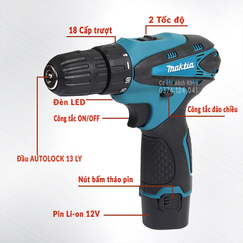 Máy khoan pin bắt vít Makita 12V TẶNG BỘ PHỤ KIỆN 24 CHI TIẾT | Nhông kim loại + Motor ruột đồng 100% khoan chính hãng