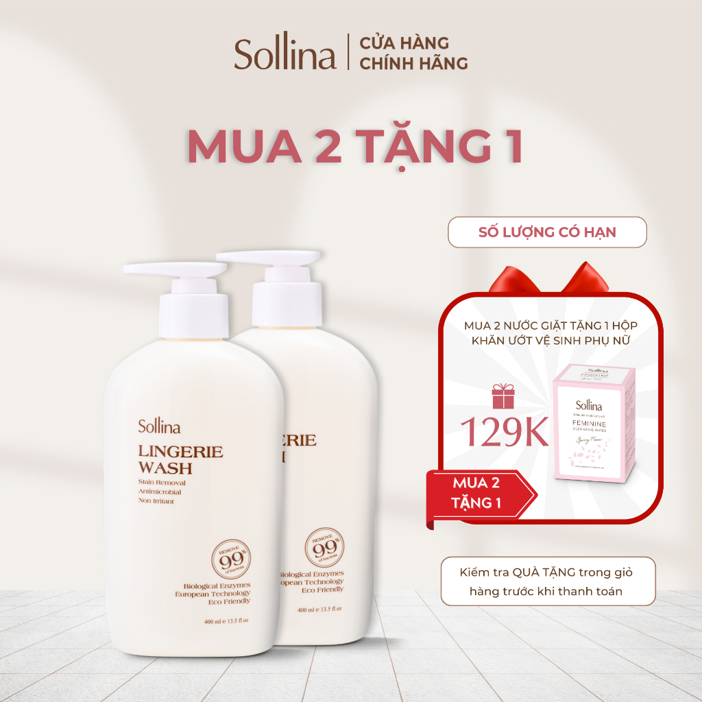 Combo 2 nước giặt đồ lót gốc thực vật Sollina - công nghệ Micro Nano Italy khử mùi sạch sâu - 400ml/chai