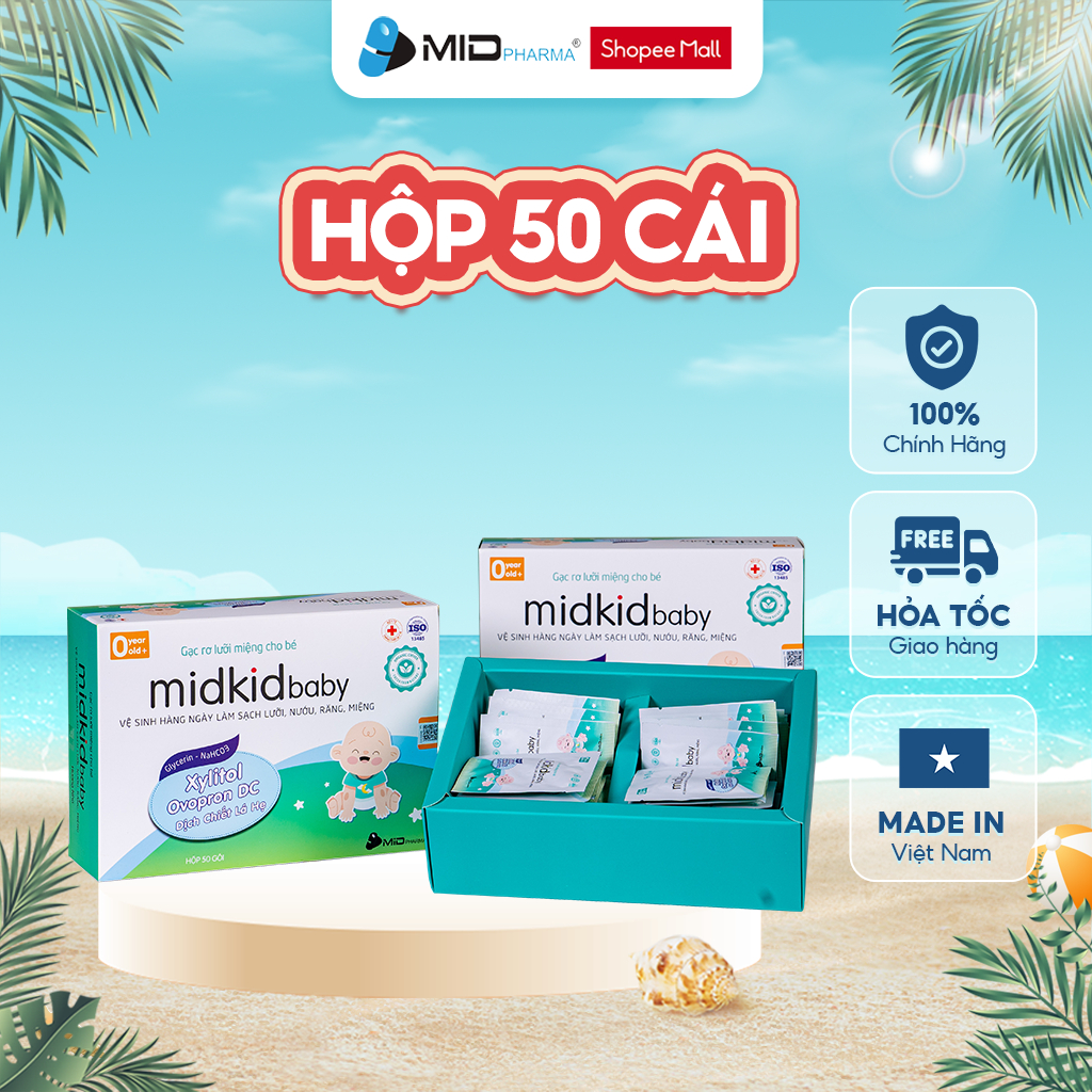 Gạc rơ lưỡi MidkidBaby hộp 50 gói ướt cho bé sơ sinh giúp làm sạch răng nướu và lưỡi, an toàn, đạt tiêu chuẩn ISO 5 sao