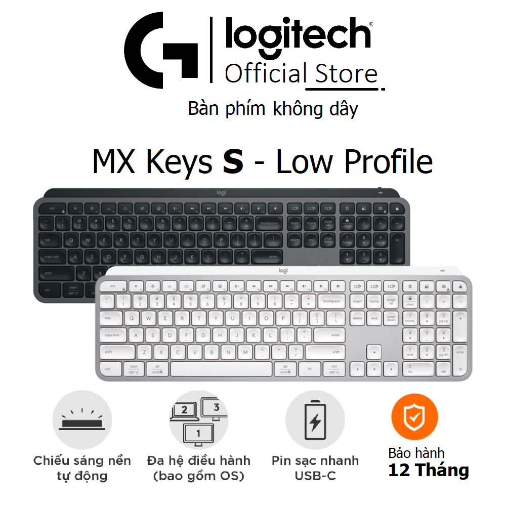Bàn phím không dây Logitech MX Keys S - Low Profile yên tĩnh, Đèn nền, Bluetooth, Sạc USB-C