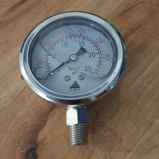 Đồng hồ đo áp suất khí nén có dầu chân ren 13mm, áp 25kg/cm2
