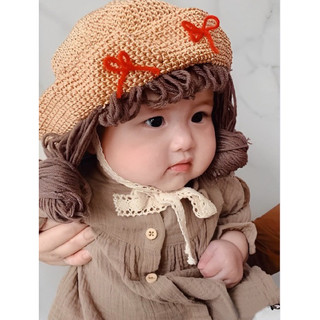 Mũ Cói Trẻ Em Kèm Nơ Và Tóc Vành Rộng Che Nắng Cho Bé Gái 0-10 tuổi