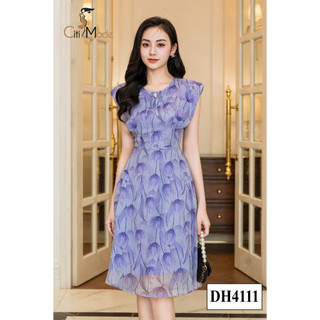Đầm công sở CITI MODE FASHION thiết kế dáng xoè hoa tím tay chờm phối nơ DH4111