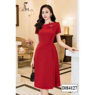 Đầm công sở CITI MODE FASHION thiết kế dáng xoè đỏ thêu hoa ngực phối chân váy xếp ly 1 bên DH4127