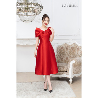 Đầm tiệc 2 dây LAULILL cape vai xếp nơ chất liệu taffeta LDL227990