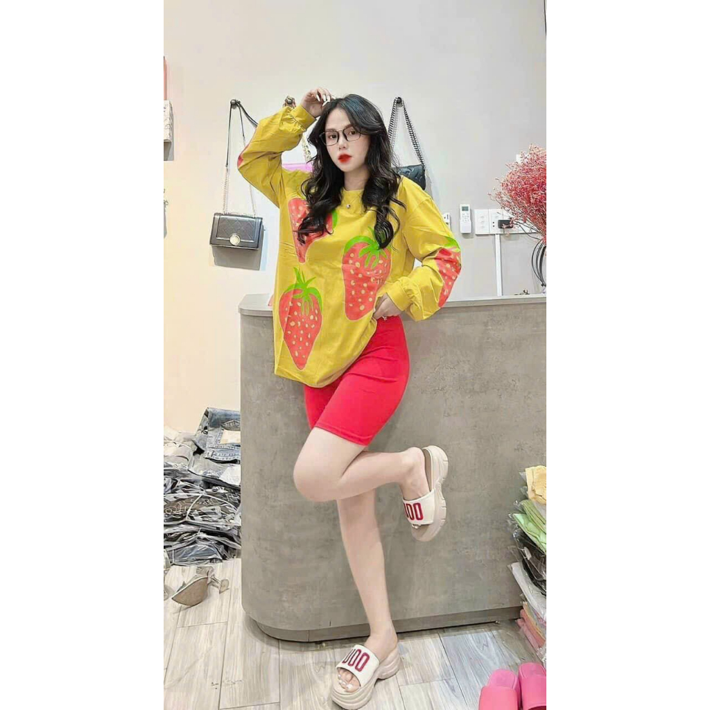 Set bộ ngố dâu tây dễ thương hottrend, áo thun tày dài from rộng mặc hè mix quần ngố ,đồ bộ đùi lửng mặc nhà,đi chơi MTB
