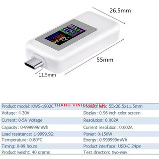 Usb tester - kiểm tra đo dòng điện, điện áp pin sạc cổng type c keweisi model: kws-1902c