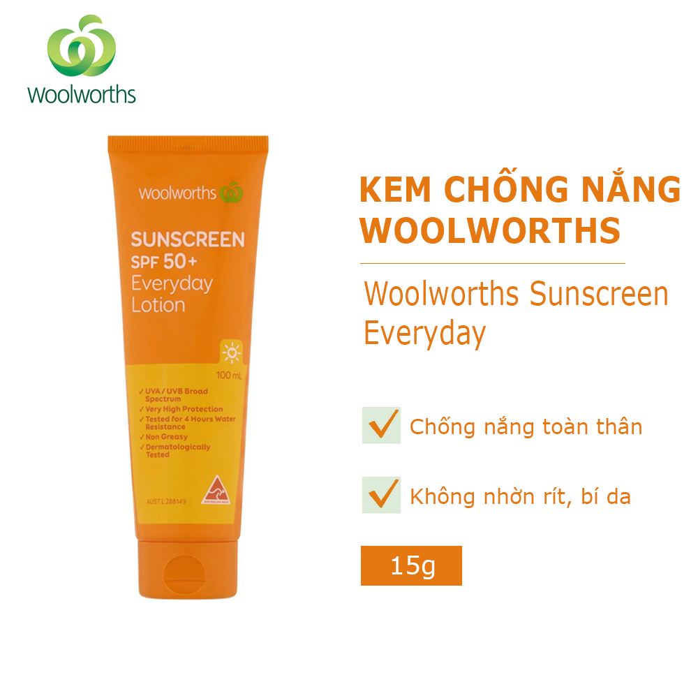 Kem chống nắng Woolworths Everyday Sunscreen SPF 50+ Đủ Size Không Gây Nhờn Rít Dùng Được Cho Mặt Và Body