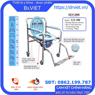 Ghế bô vệ sinh lucass gx-300 xe lăn có đệm da, bánh xe, chỗ gác chân, bô vệ sinh xếp gọn cho người giàtiện lợi