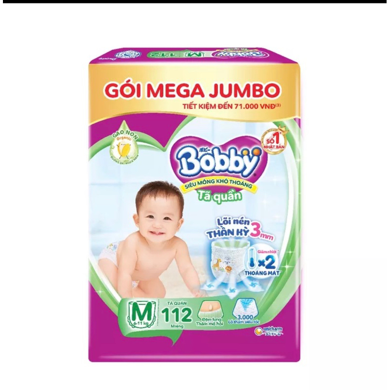 Tã Quần Bobby Gói Mega Jumbo gạo non L96/XL84/XXL76/XXX22+6 miếng