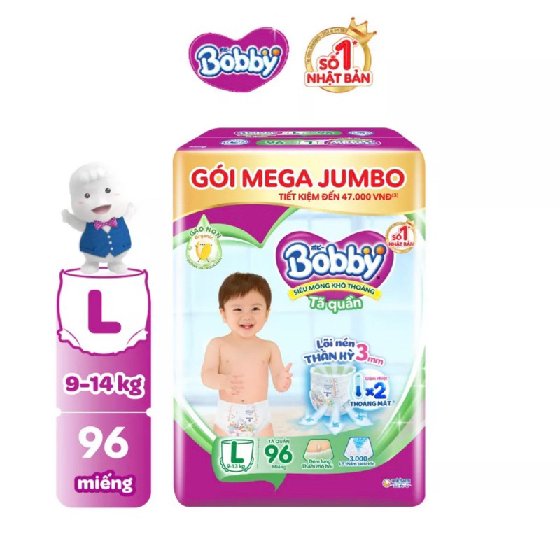 Tã Quần Bobby Gói Mega Jumbo gạo non L96/XL84/XXL76/XXX22+6 miếng