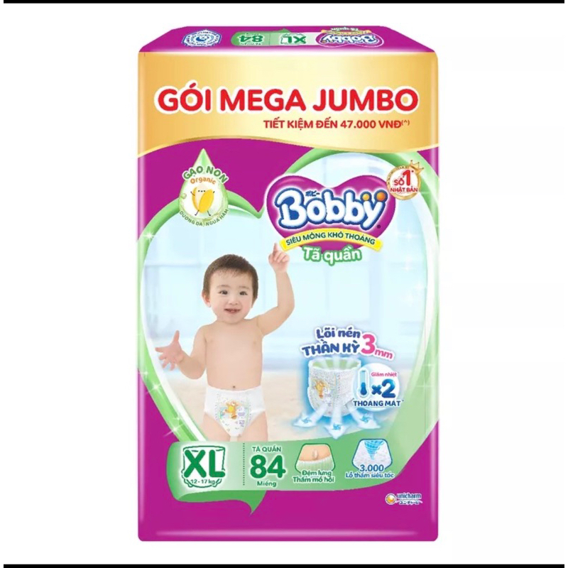Tã Quần Bobby Gói Mega Jumbo gạo non L96/XL84/XXL76/XXX22+6 miếng