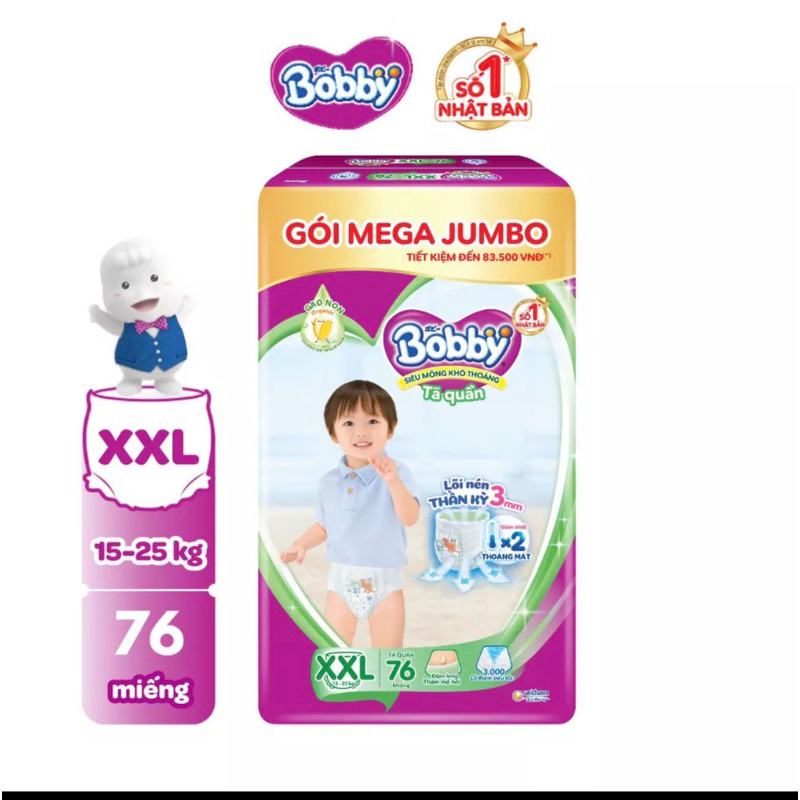 Tã Quần Bobby Gói Mega Jumbo gạo non L96/XL84/XXL76/XXX22+6 miếng