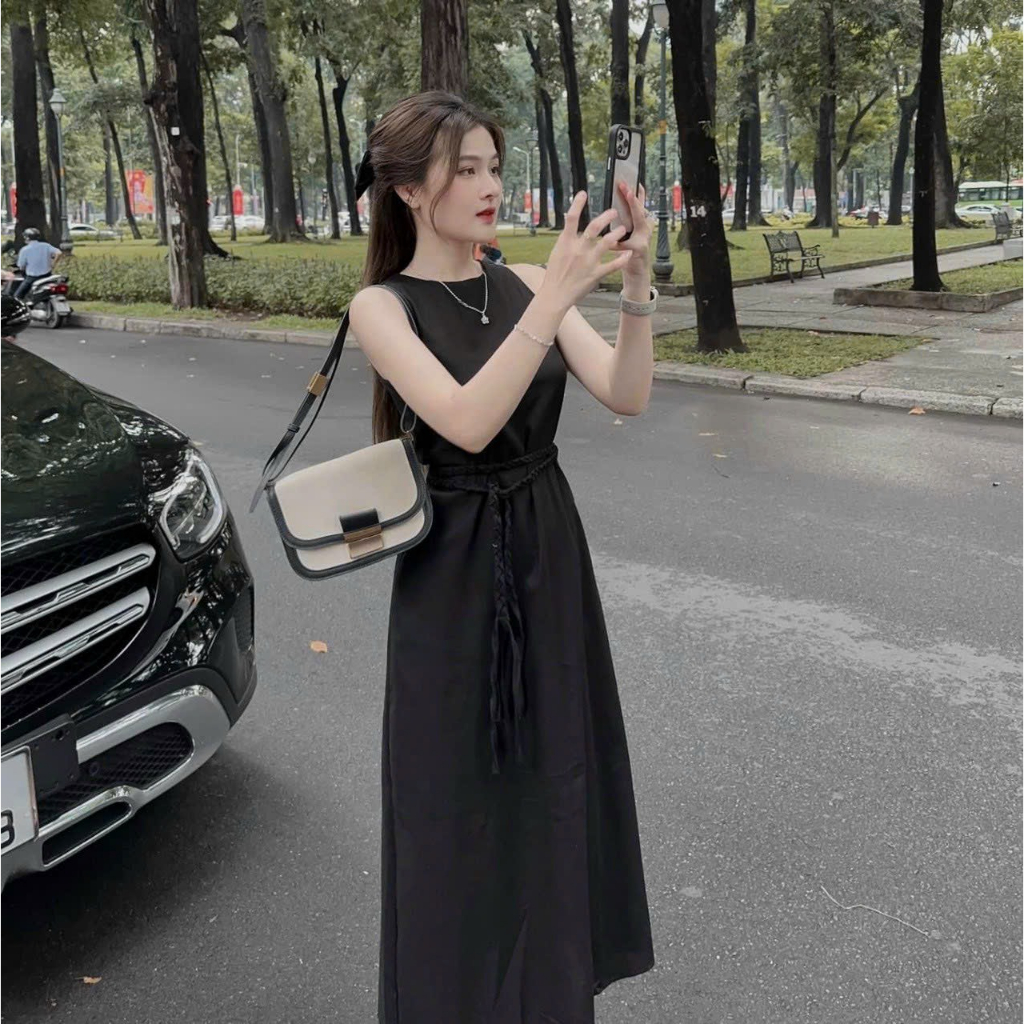 Đầm váy nữ sát nách dáng suông dài kèm dây cột nơ eo thết kế kiểu đơn giản sang chảnh quý phái, mặc đi tiệc, đi chơi xin