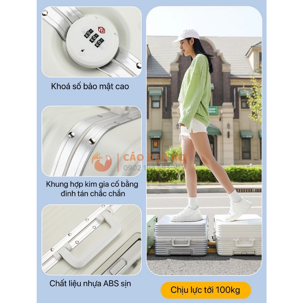 Vali khóa sập viền bo nhôm cao cấp đủ size 20-30 - Cáo Đeo Nơ