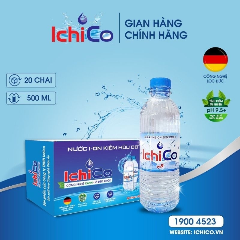 Thùng nước uống ion kiềm tươi ICHICO pH 8-10.5 chai 500ml (thùng 20 chai)