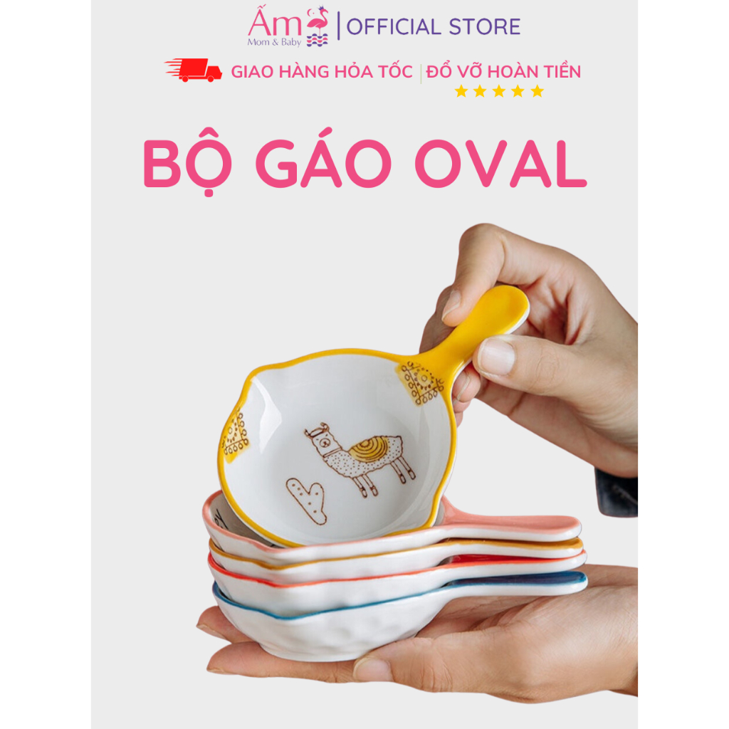 Bát Ăn Dặm Oval Cho Bé Bằng Sứ Ấm Baby Kiểu Nhật Có Quai Nắm Hình Đáng Yêu Men Sứ Cao Cấp Ấm Gift Decor