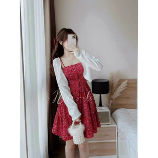 Sét váy nữ 2 dây thời trang mặc đi chơi, đầm lụa hoa có mút ngực kèm áo khoác lửng tay dài chất thun tăm gân,