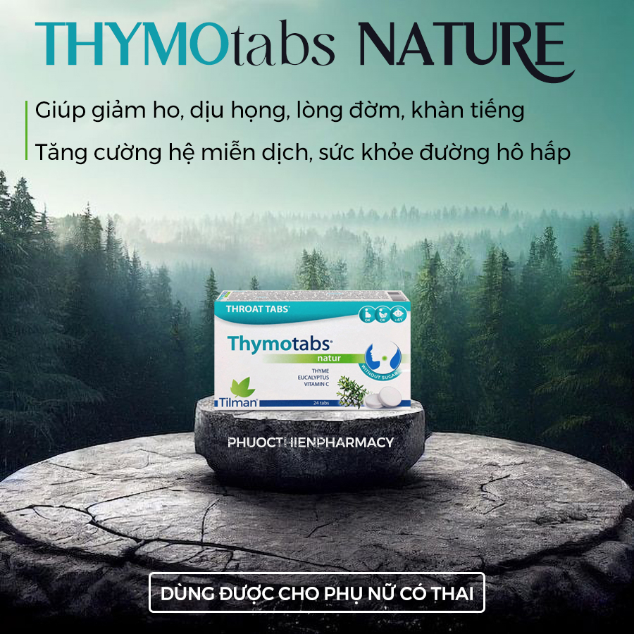 Viên ngậm ho thảo dược giúp giảm ho, viêm họng từ Bỉ ThymoTabs Nature 24 Viên - dùng cho bà bầu, người lớn, trẻ em