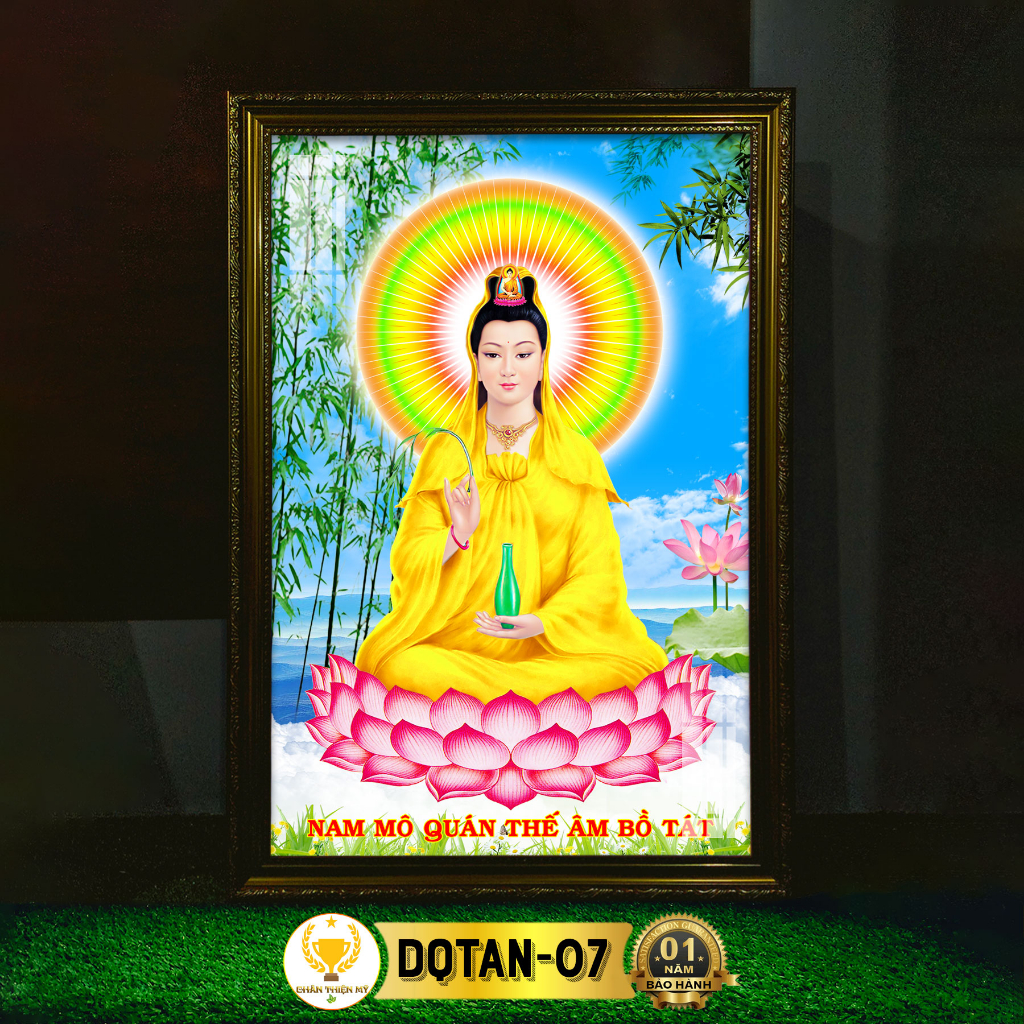 Tranh Phật Bà Quan Âm Ngồi Có Đèn CHÂN THIỆN MỸ, Trang Trí Bàn Thờ Treo Tường, Phòng Thờ DQTAN-07