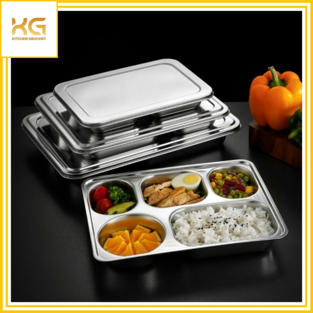 Khay Cơm Phần Nhỏ Inox 304 5 Ngăn (KT: 28.5cm x 22.5cm x 4.2cm)