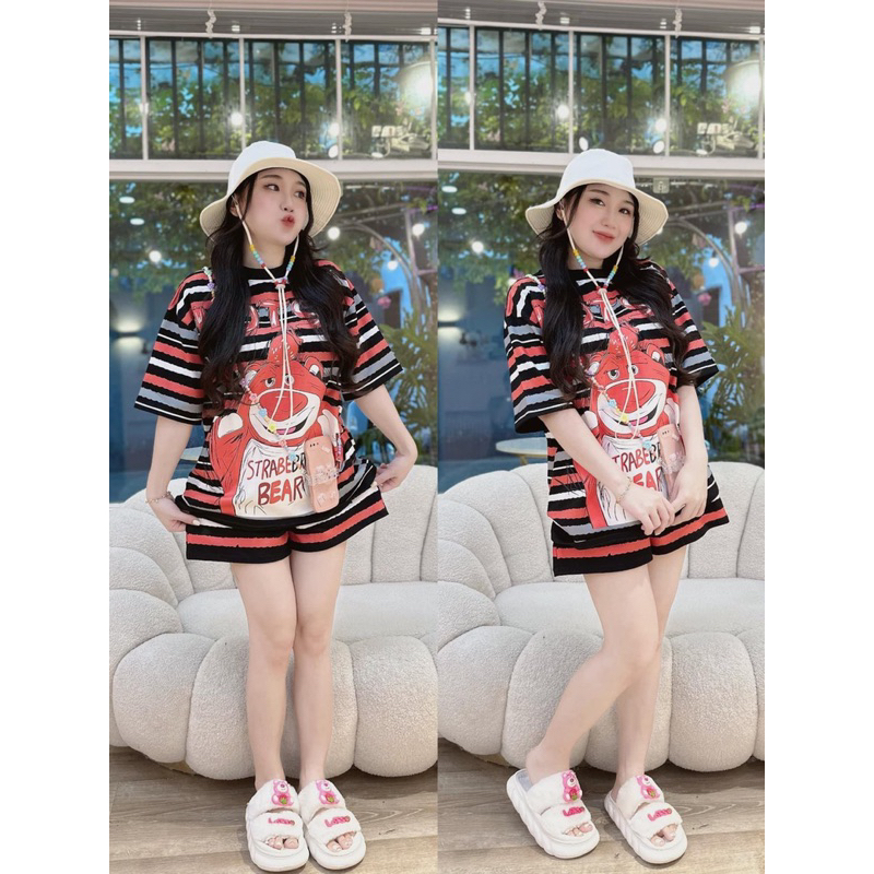 SET BỘ ĐÙI GẤU DÂU 3 SIZE SML _SET BỘ ĐÙI THUN COTON QUẦN CÓ TÚI FROM ĐẸP _XƯỞNG MAY THU LE