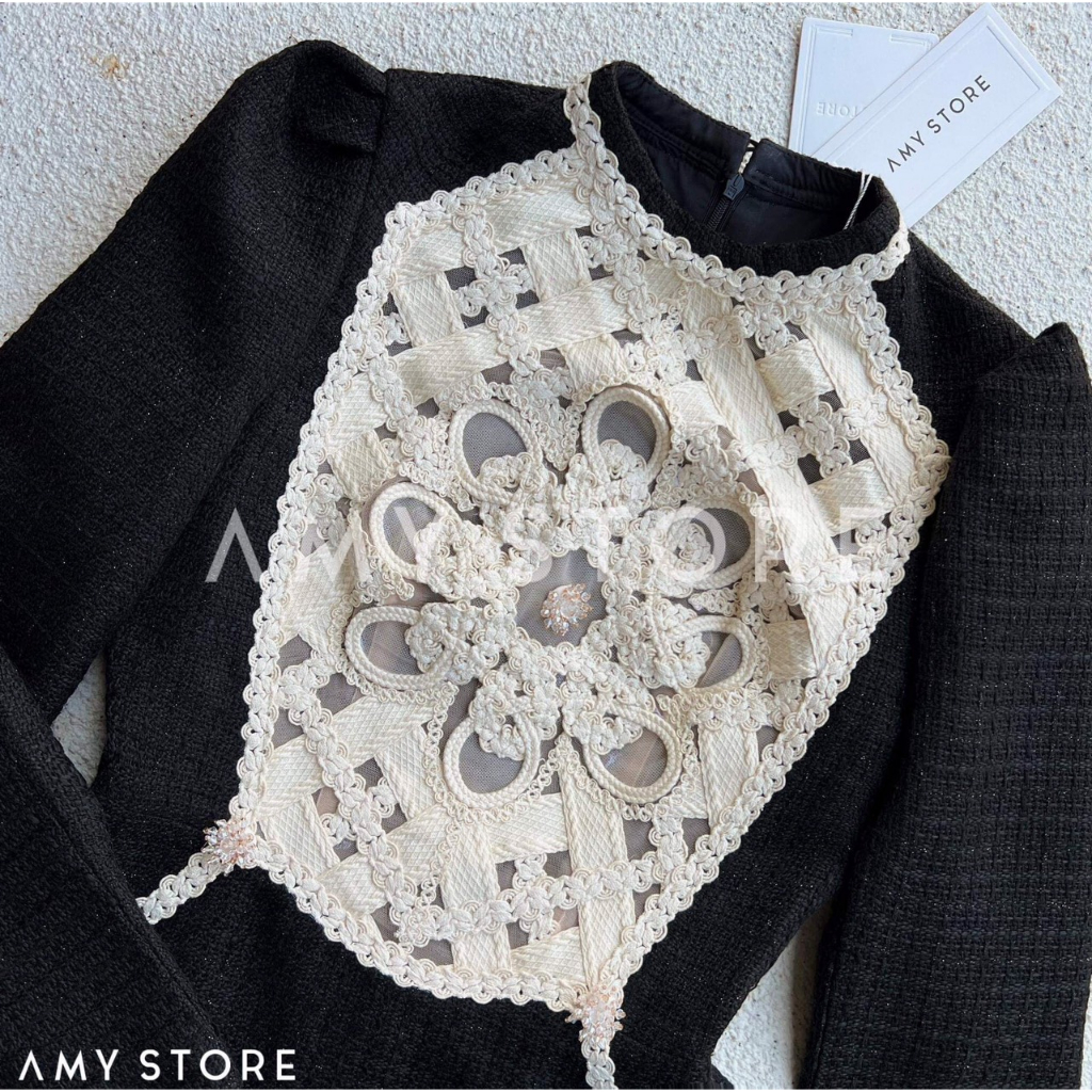 Đầm dạ text phối ren tay dài sang trọng MC