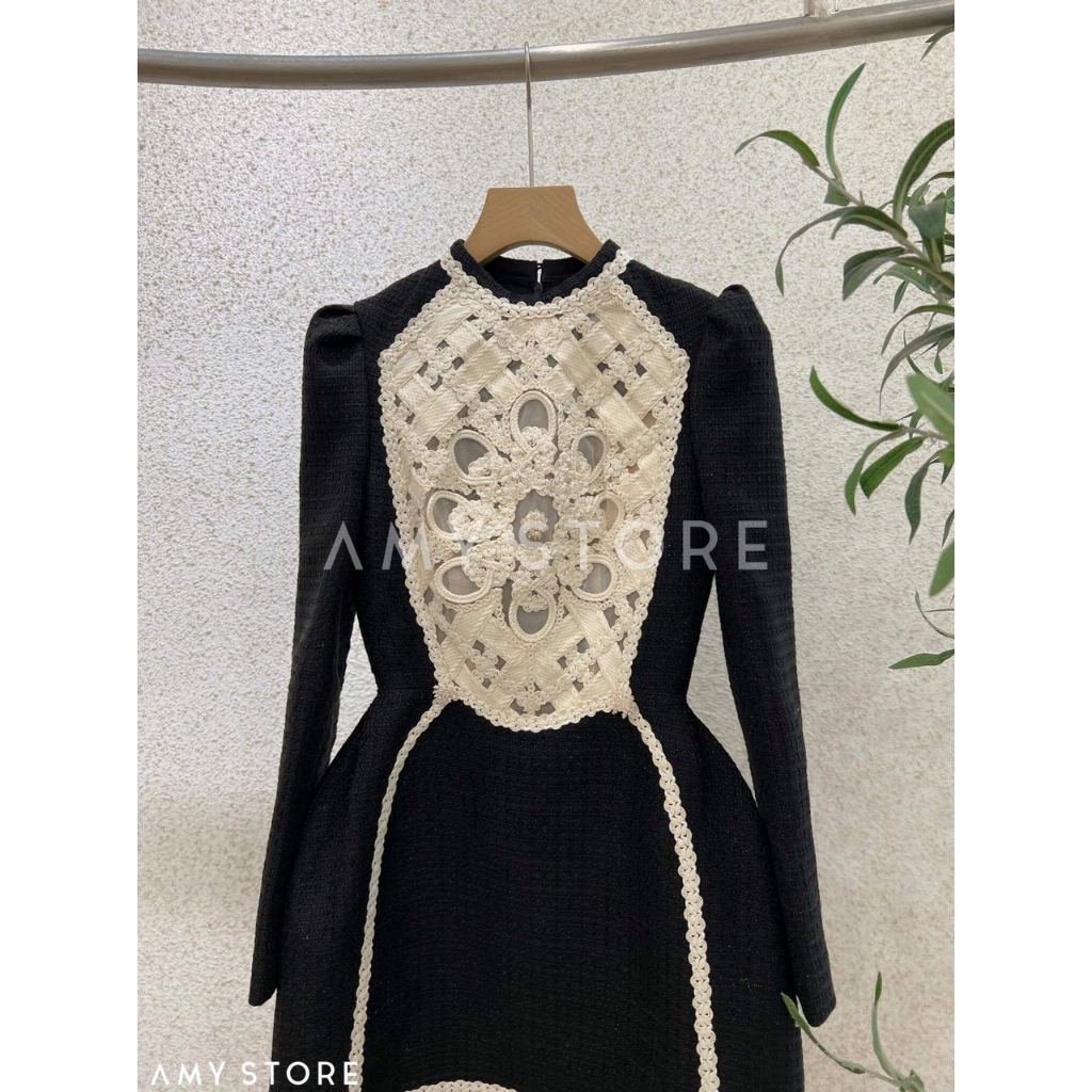 Đầm dạ text phối ren tay dài sang trọng MC