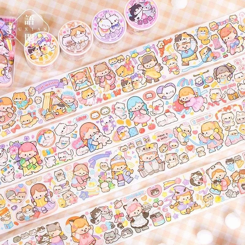 Chiết băng keo giấy Yuxian bé gái và mèo cute