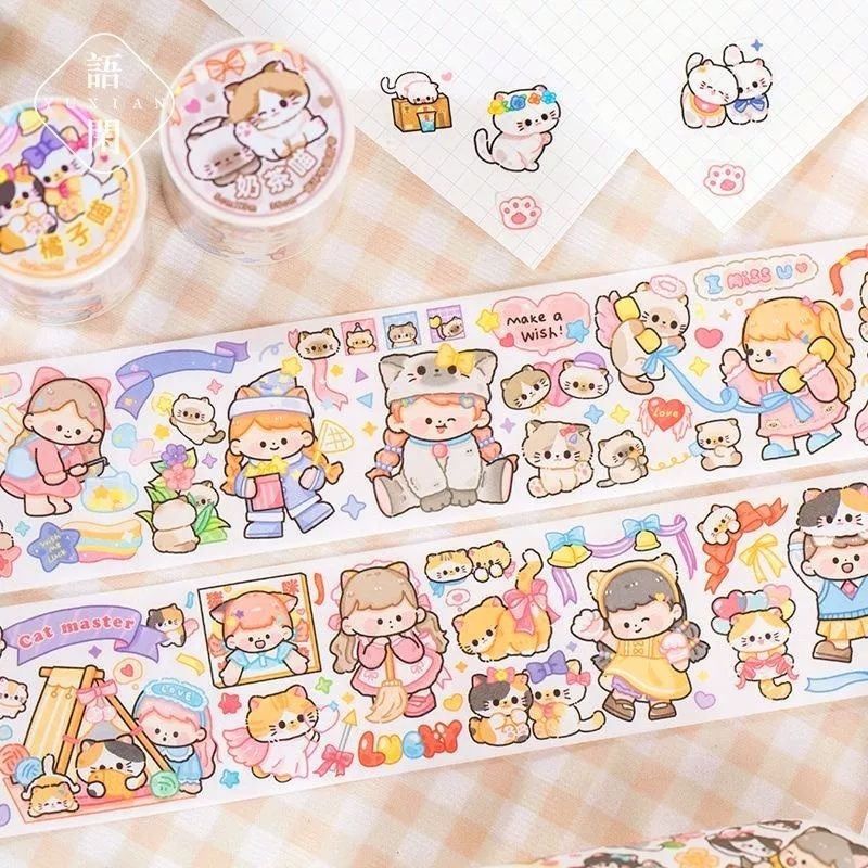 Chiết băng keo giấy Yuxian bé gái và mèo cute