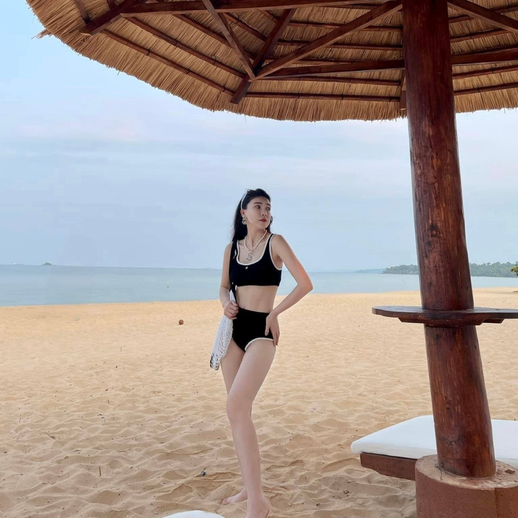 Bikini đồ bơi nữ 2 mảnh đen phối viền trắng - BIKINI SUNSHINE - 2M01