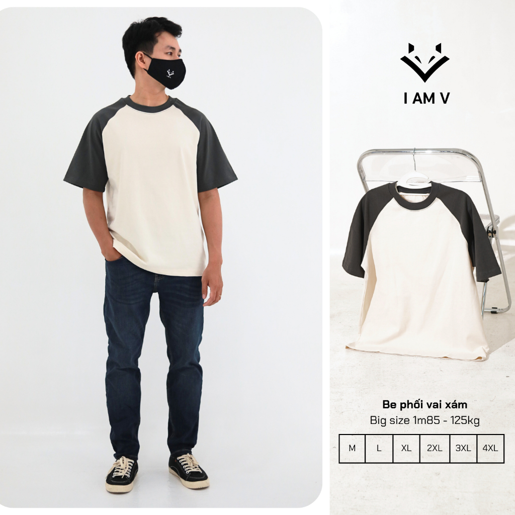 Áo thun nam big size - Áo thun raplan IAmV phối màu vai bigsize nam 80kg - 135kg form rộng cotton 250gsm, áo thun vnxk