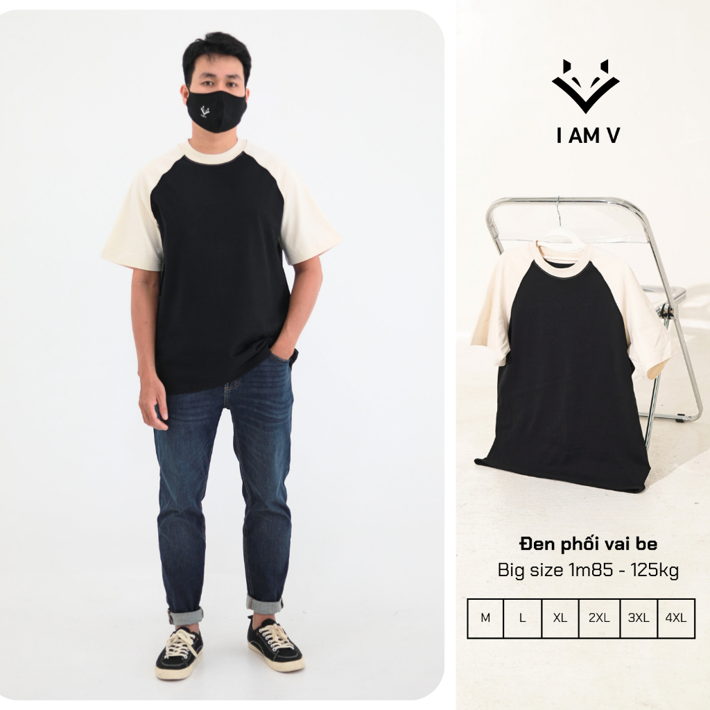 Áo thun nam big size - Áo thun raplan IAmV phối màu vai bigsize nam 80kg - 135kg form rộng cotton 250gsm, áo thun vnxk