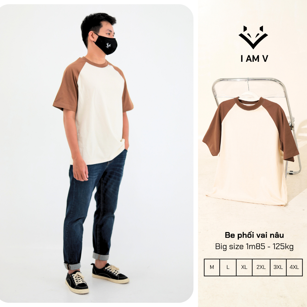 Áo thun nam big size - Áo thun raplan IAmV phối màu vai bigsize nam 80kg - 135kg form rộng cotton 250gsm, áo thun vnxk