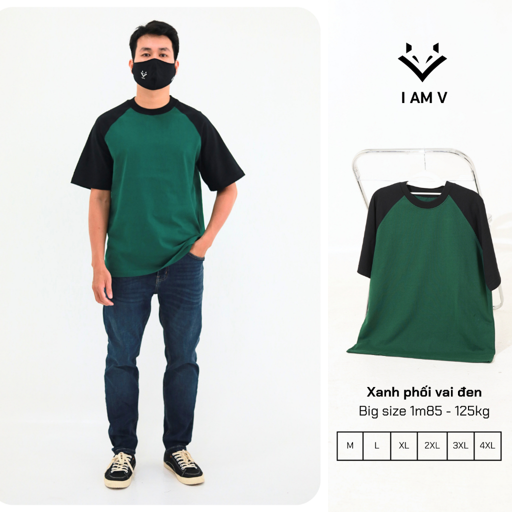 Áo thun nam big size - Áo thun raplan IAmV phối màu vai bigsize nam 80kg - 135kg form rộng cotton 250gsm, áo thun vnxk